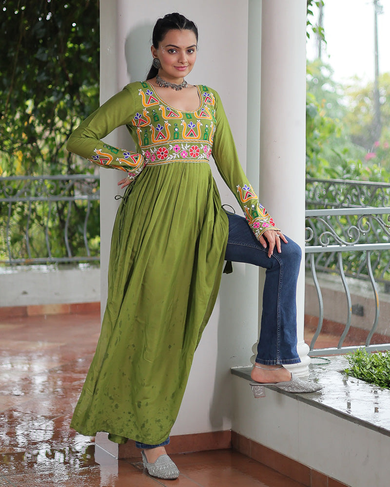 Parrot Green Color Rayon Gamthi Work Navratri Kurti