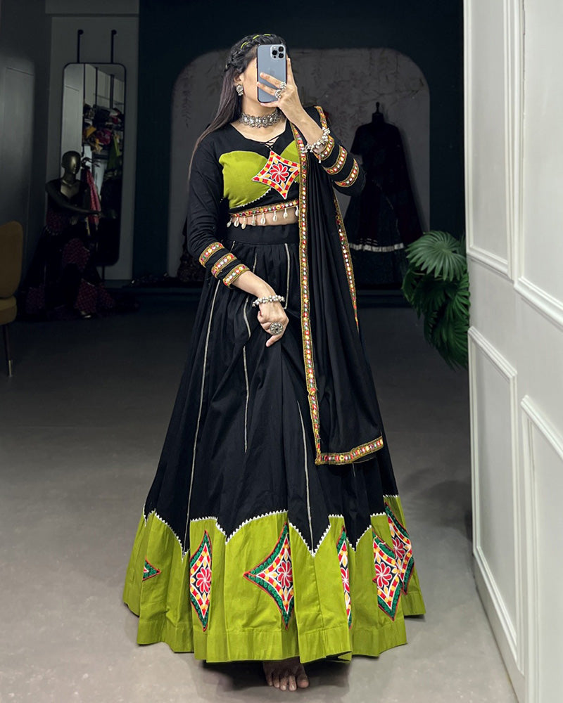 Green And Black Color Cotton Gamthi Work Navratri Lehenga Choli