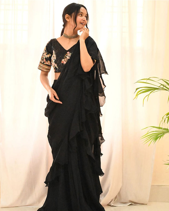 Black Color Soft Organza Ruffle Lehenga Saree