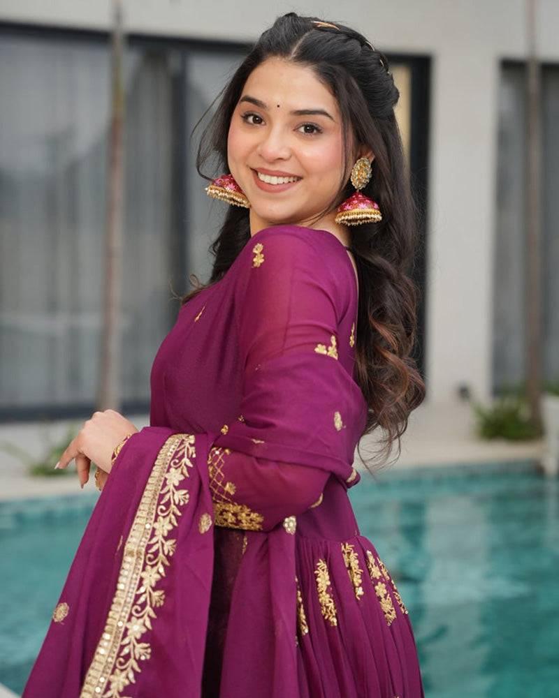 Wine Color Star Georgette Sequence Embroidered Gown