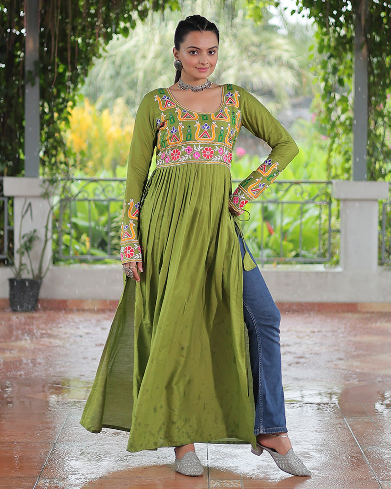 Parrot Green Color Rayon Gamthi Work Navratri Kurti