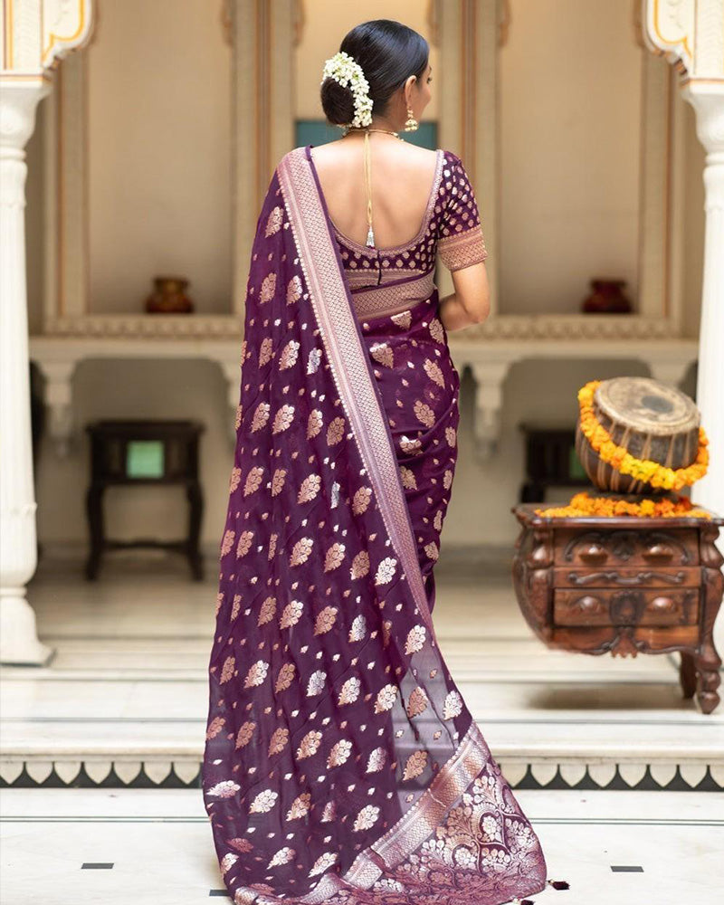 Wine Color Banarasi All Over Jacquard Soft Silk Saree