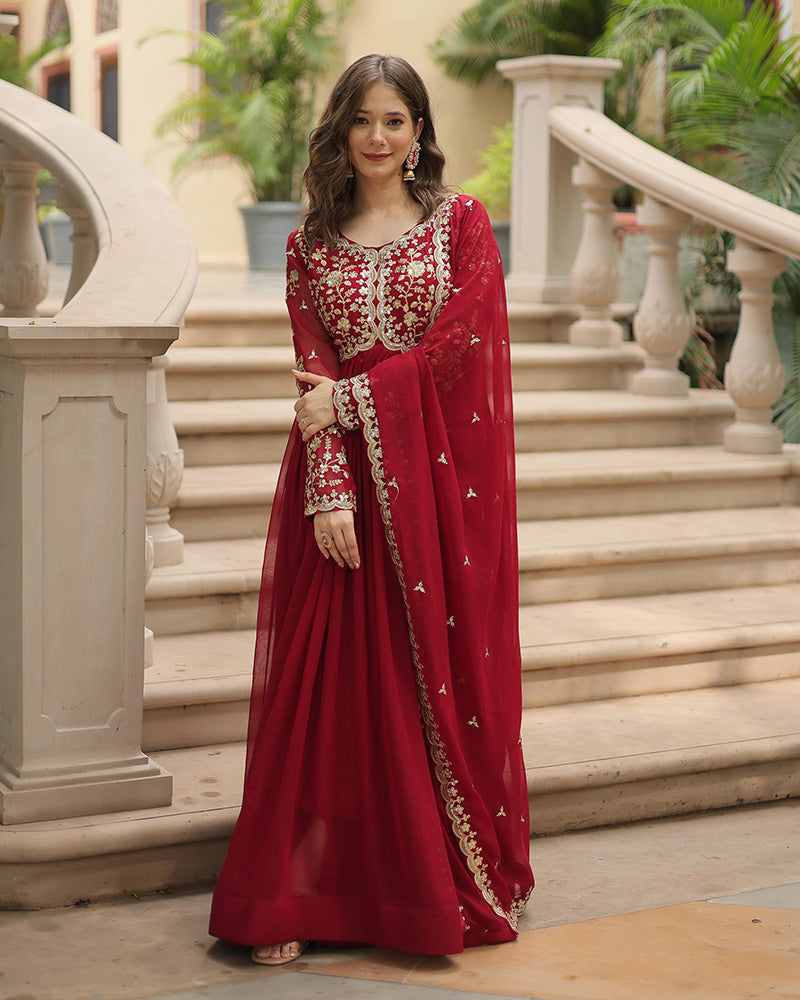 Maroon  Color Faux Blooming Multi Embroidered Work Gown