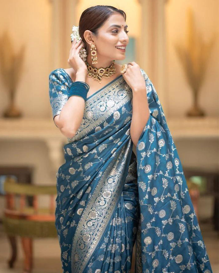 Rama Color Banarasi Jacquard With Zari Work Saree