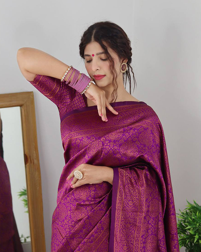 Wine Color Banarasi Jacquard Soft Silk Saree