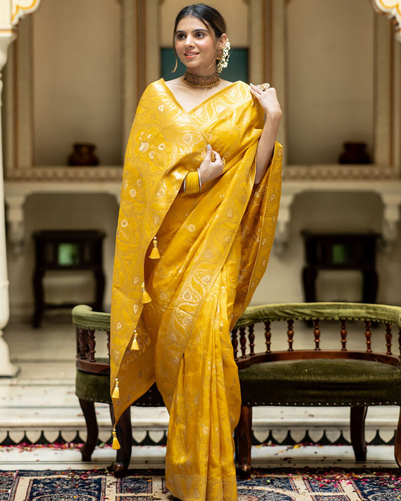 Yellow Color Banarasi Jacquard Zari Weaving Saree