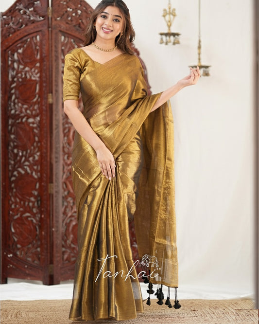 Golden Color Handloom Raga Tissue Cotton Saree