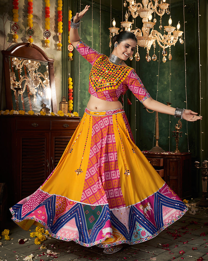 Yellow Color Maslin Cotton Printed Navratri Lehenga Choli