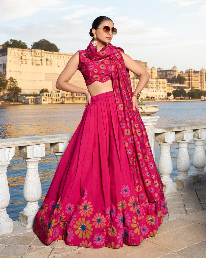 Pink Color Tussar Silk Floral Printed Lehenga Choli