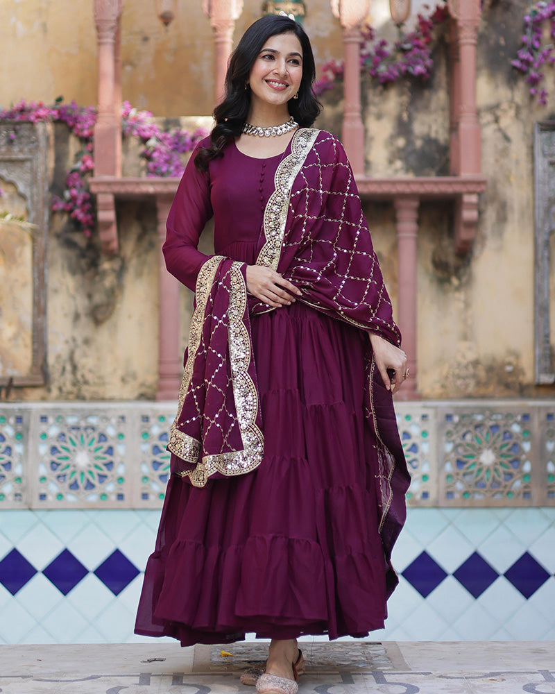 Plum Color Star Georgette Gown With Embroidered Dupatta