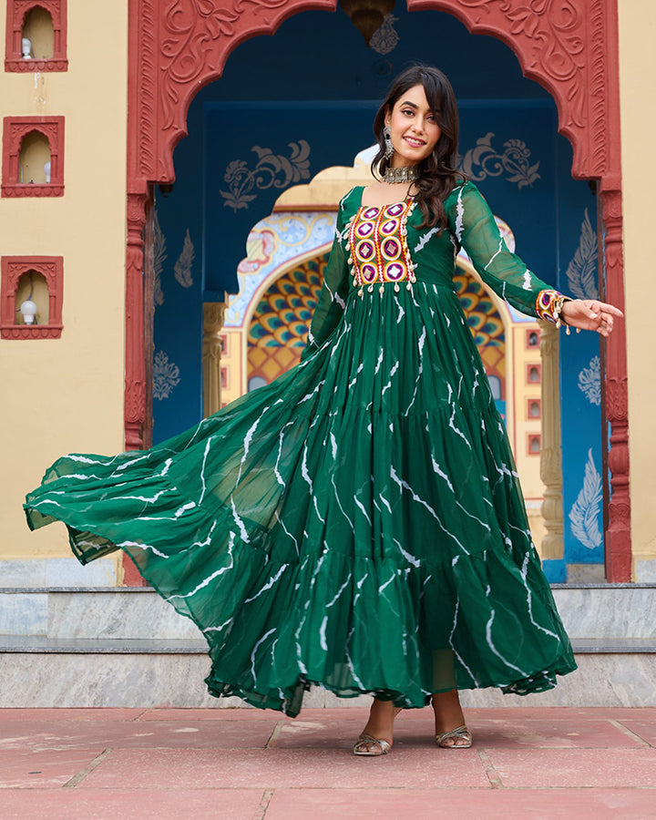 Green Color Georgette Laheriya Print Navratri Gown
