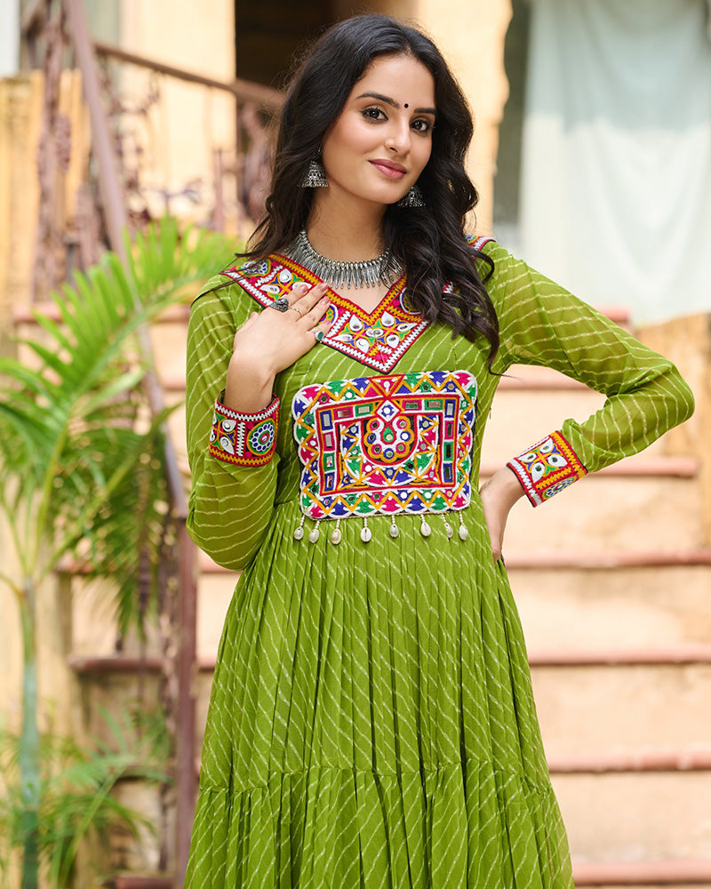 Vibrant Parrot Green Kutchi Work Laheriya Printed Anarkali Gown