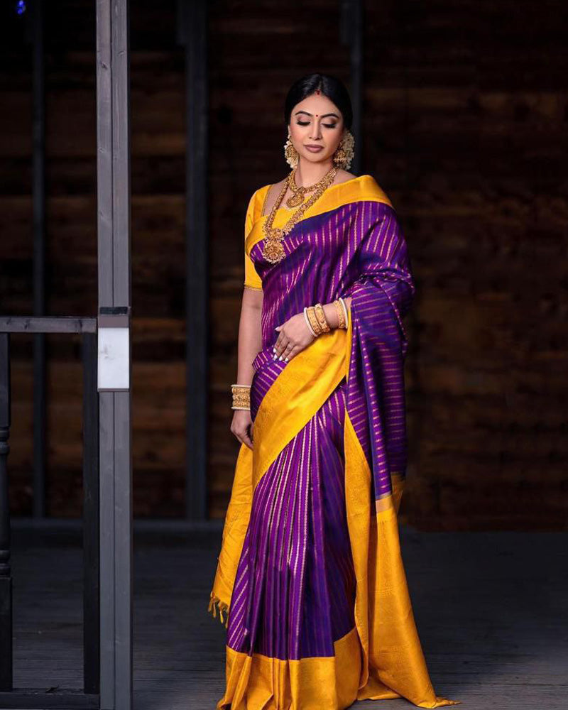 Wine And Yellow Colour Banarasi Soft Silk Saree