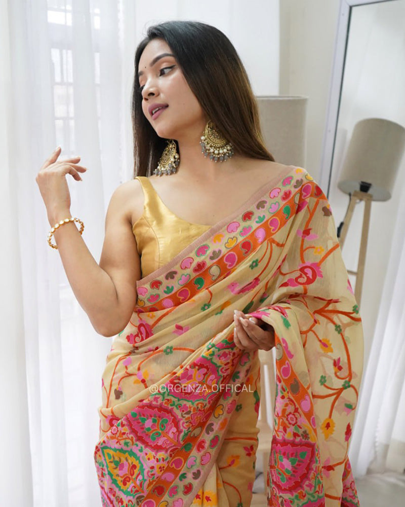 Beautiful Cream Colour Banarsi Soft Silk Saree
