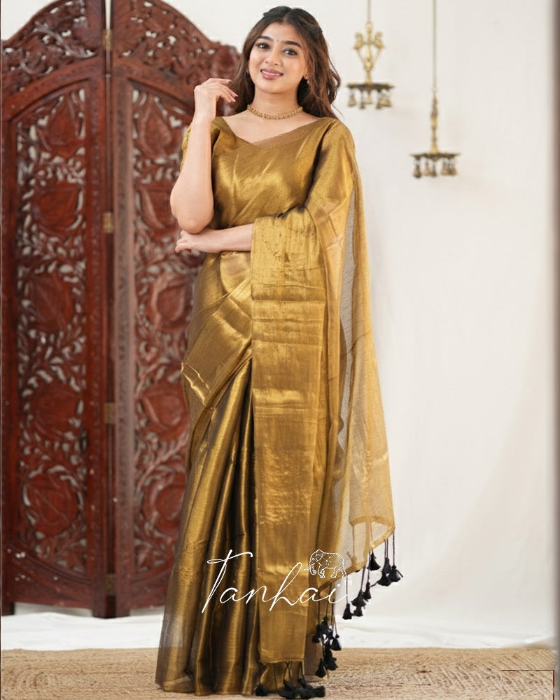 Golden Color Handloom Raga Tissue Cotton Saree