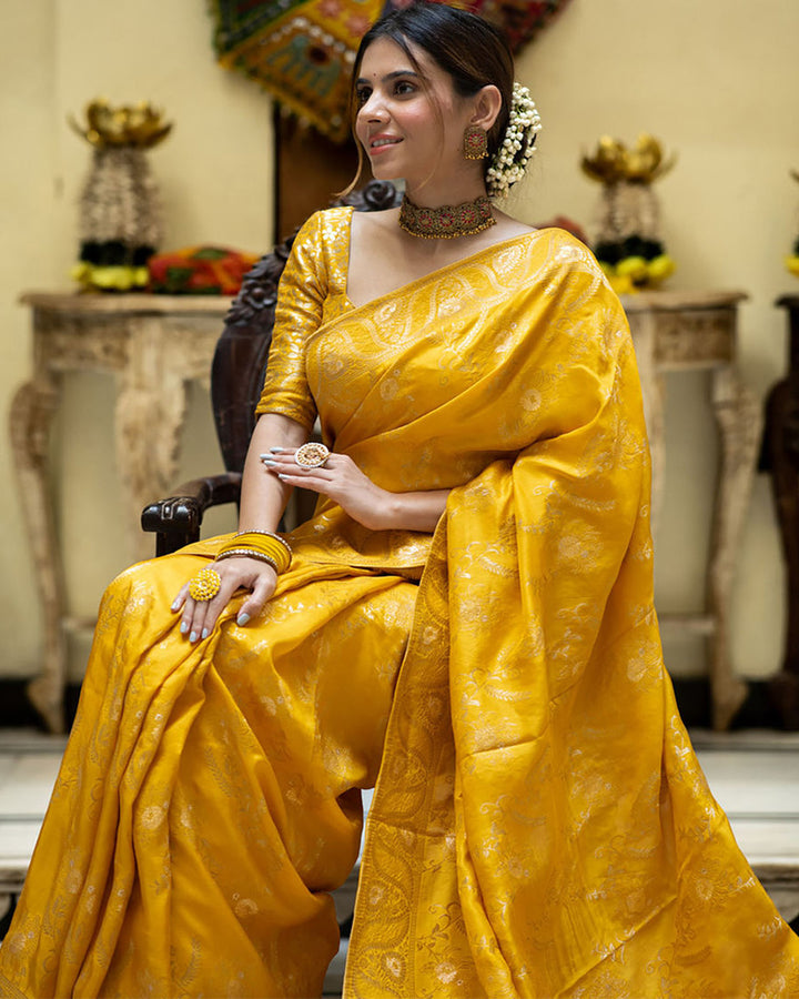 Yellow Color Banarasi Jacquard Zari Weaving Saree