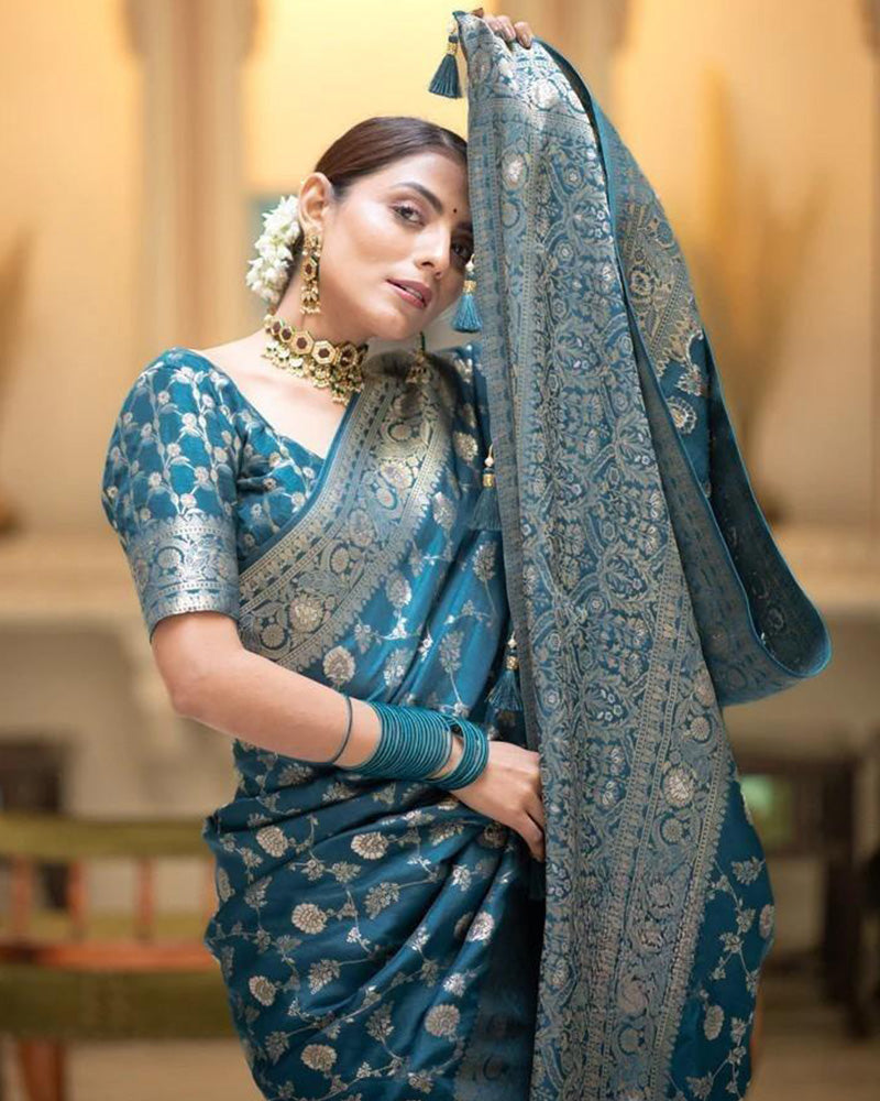 Rama Color Banarasi Jacquard With Zari Work Saree