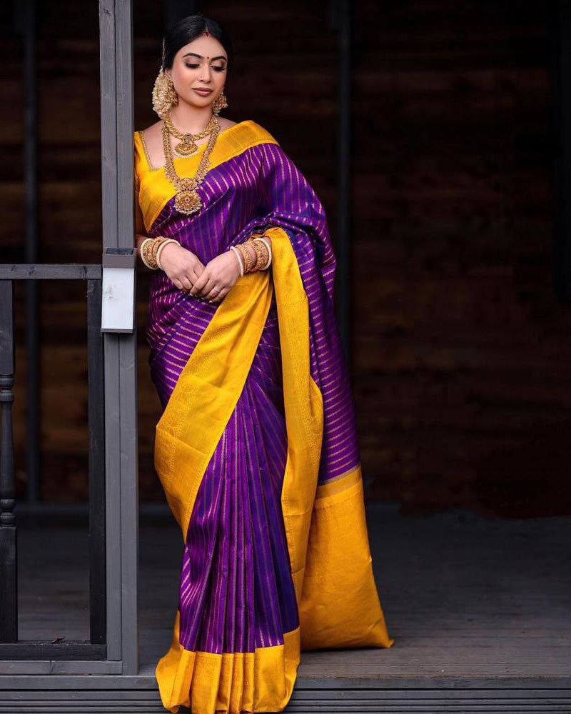 Wine And Yellow Colour Banarasi Soft Silk Saree