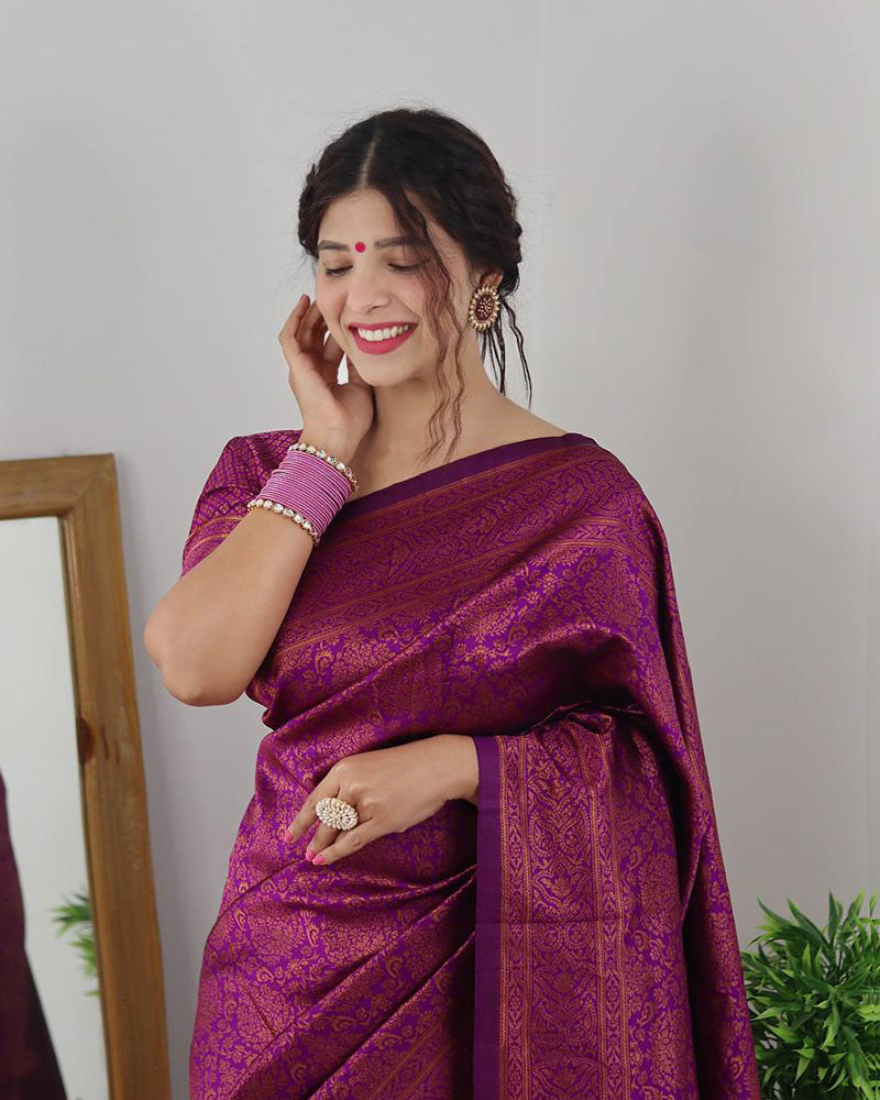 Wine Color Banarasi Jacquard Soft Silk Saree