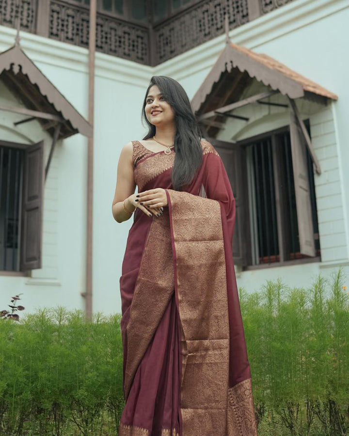 Beautiful Brown Color Jacquard Print Banarasi Soft Silk Saree