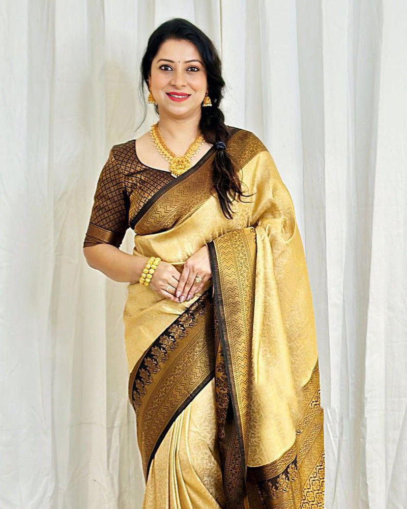 Beautiful Golden Color Soft Lichi Silk Saree