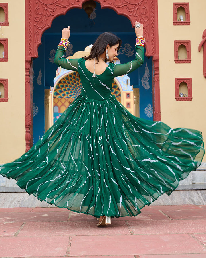 Green Color Georgette Laheriya Print Navratri Gown