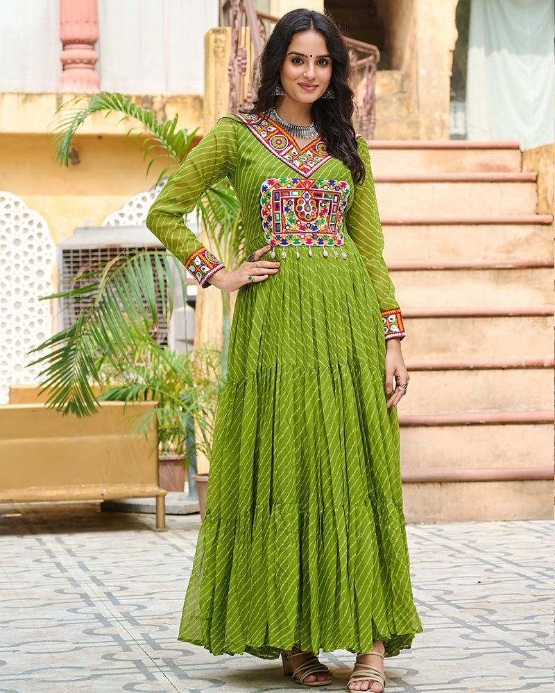 Vibrant Parrot Green Kutchi Work Laheriya Printed Anarkali Gown