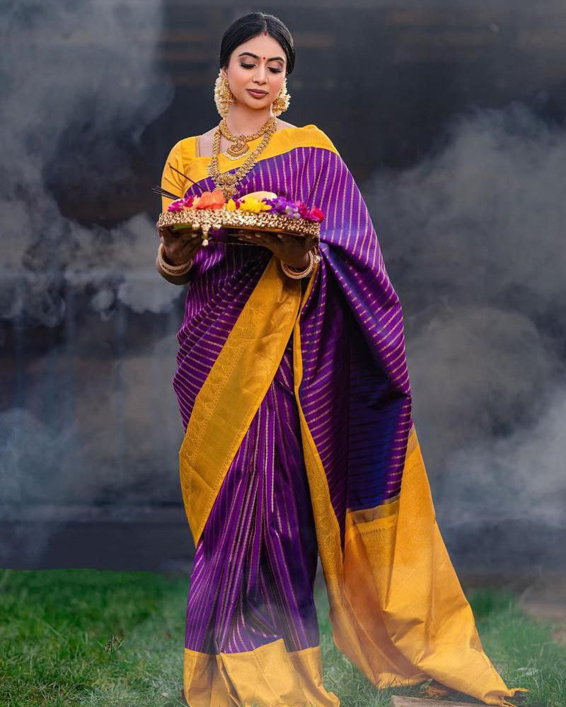 Wine And Yellow Colour Banarasi Soft Silk Saree