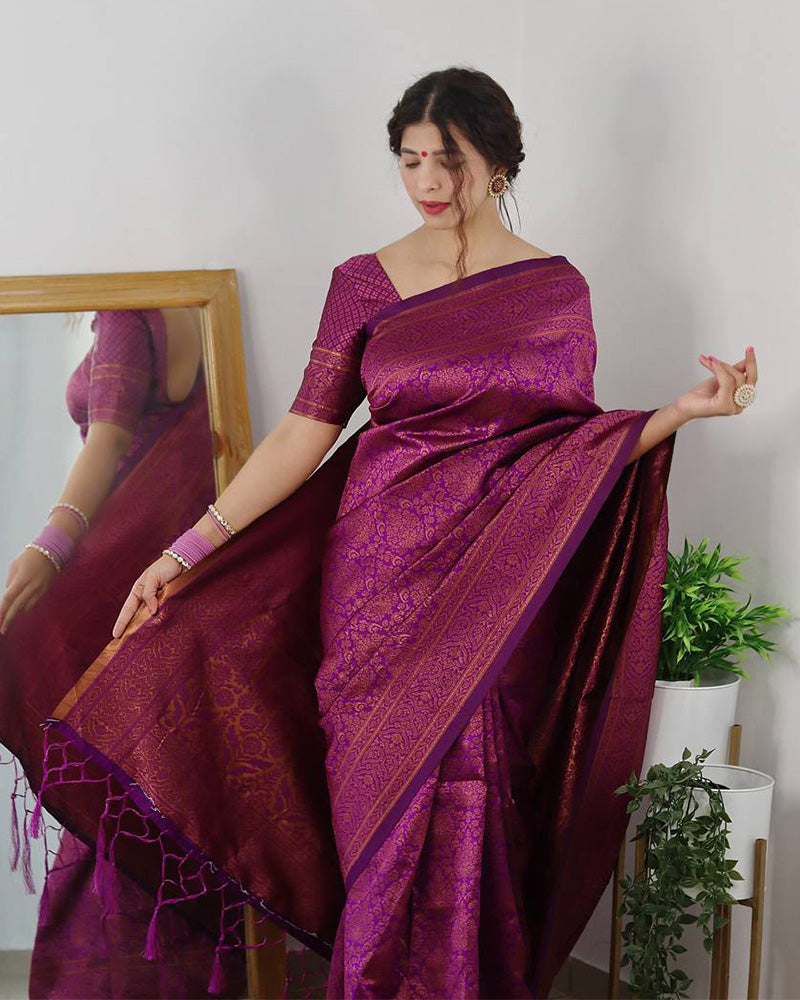 Wine Color Banarasi Jacquard Soft Silk Saree