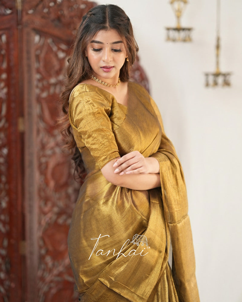 Golden Color Handloom Raga Tissue Cotton Saree