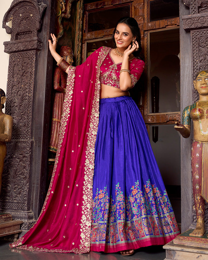 Royal Blue Color Tussar Silk Printed And Foil Work Half Saree