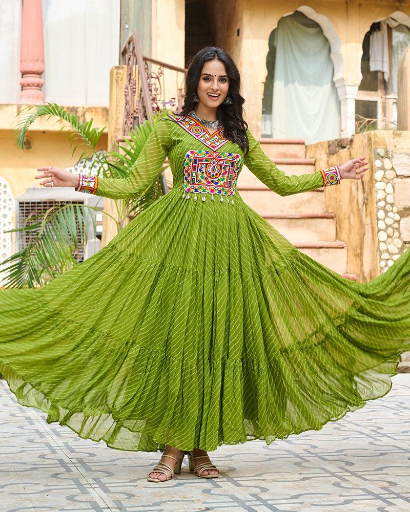 Vibrant Parrot Green Kutchi Work Laheriya Printed Anarkali Gown