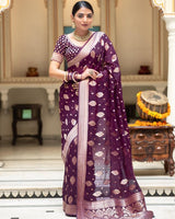 Wine Color Banarasi All Over Jacquard Soft Silk Saree