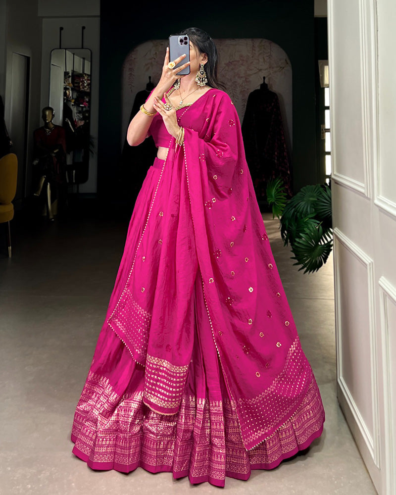 Pink Color Pure Chanderi Plain Navratri Lehenga Choli