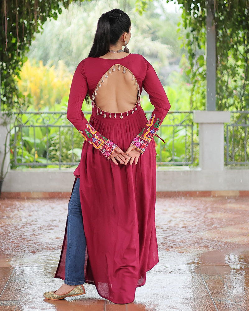 Red Color Rayon Gamthi Work Navratri Kurti