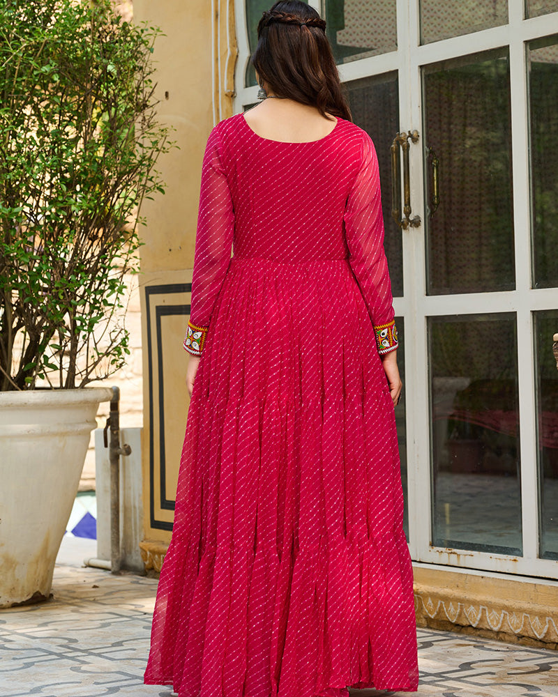 Vibrant Pink Kutchi Work Laheriya Printed Anarkali Gown