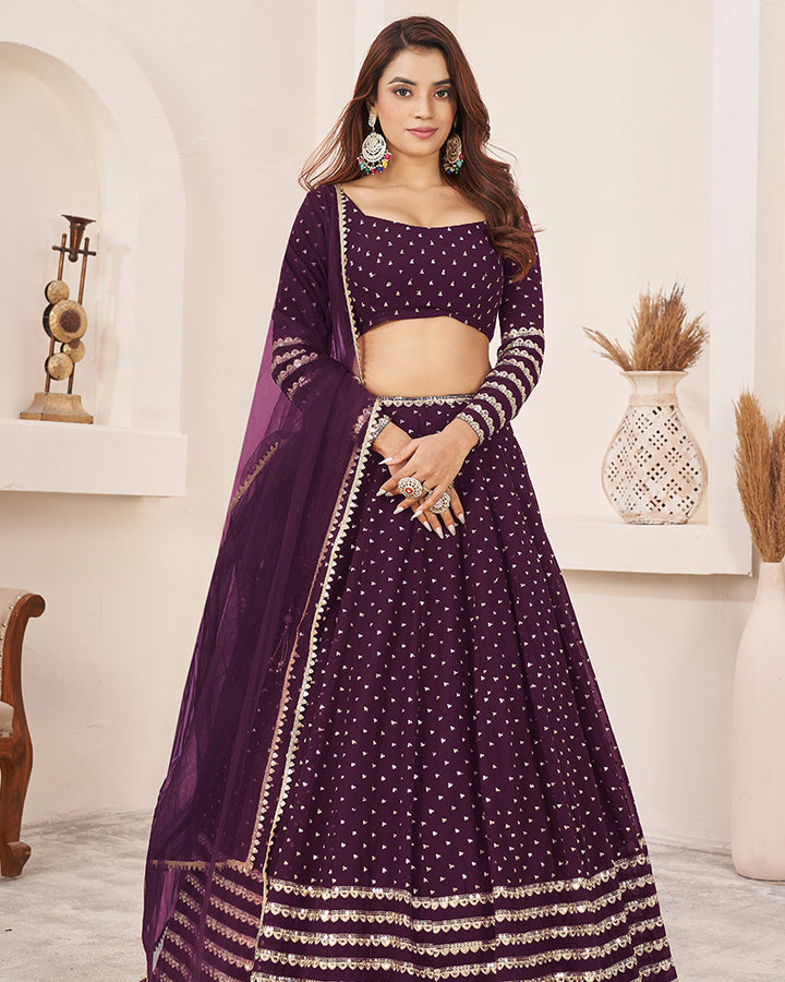 Wine Color Georgette Embroidered Lehenga Choli With Net Dupatta