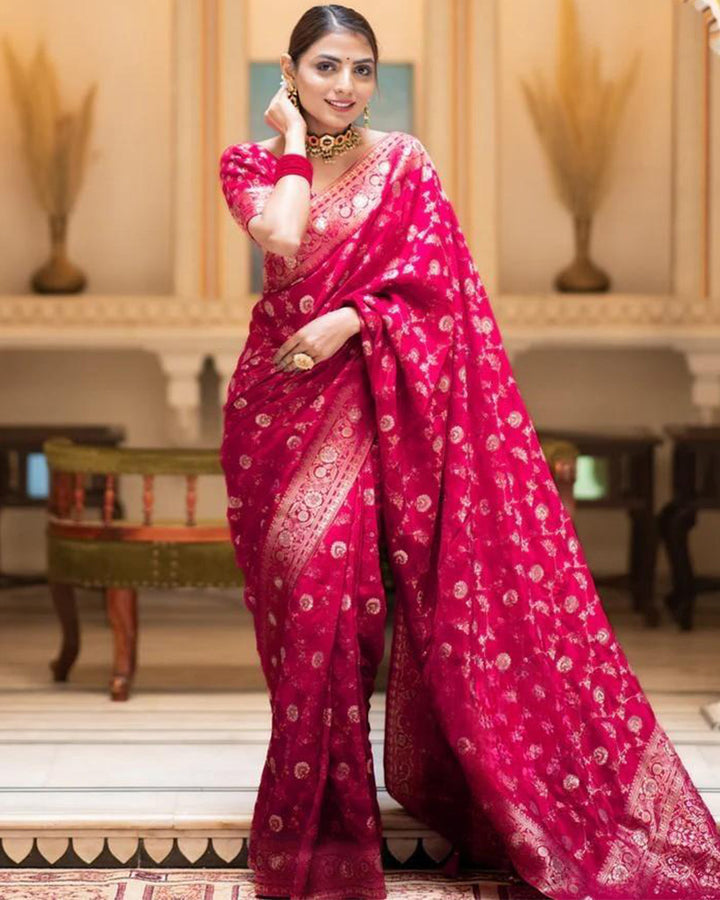 Rani Pink Color Banarasi Jacquard With Zari Work Saree