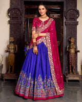 Royal Blue Color Tussar Silk Printed And Foil Work Half Saree