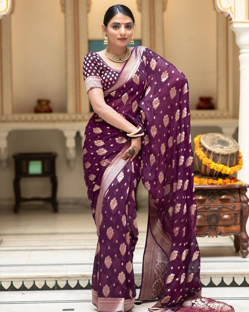 Wine Color Banarasi All Over Jacquard Soft Silk Saree