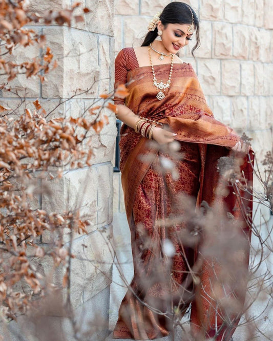 Brown Color Soft Banarasi Lichi Silk Wedding Wear Saree