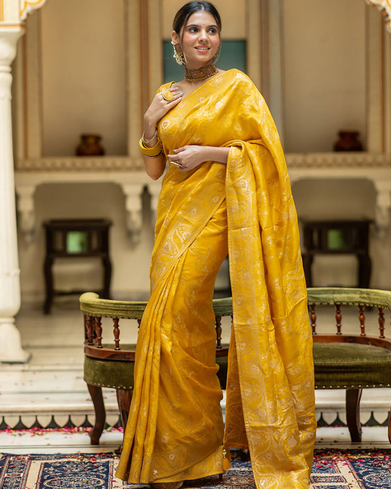 Yellow Color Banarasi Jacquard Zari Weaving Saree