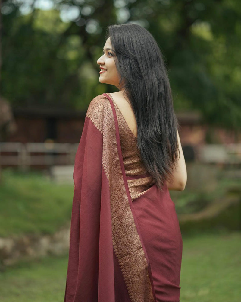Beautiful Brown Color Jacquard Print Banarasi Soft Silk Saree
