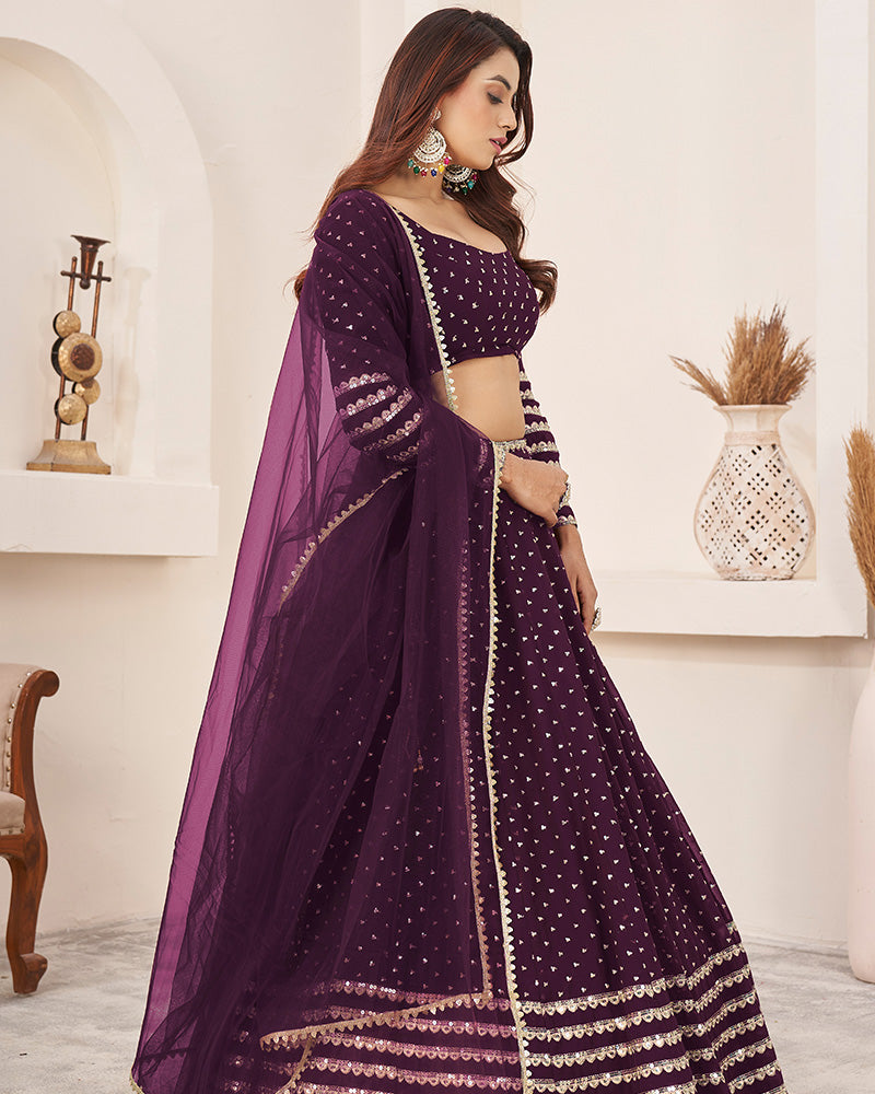 Wine Color Georgette Embroidered Lehenga Choli With Net Dupatta