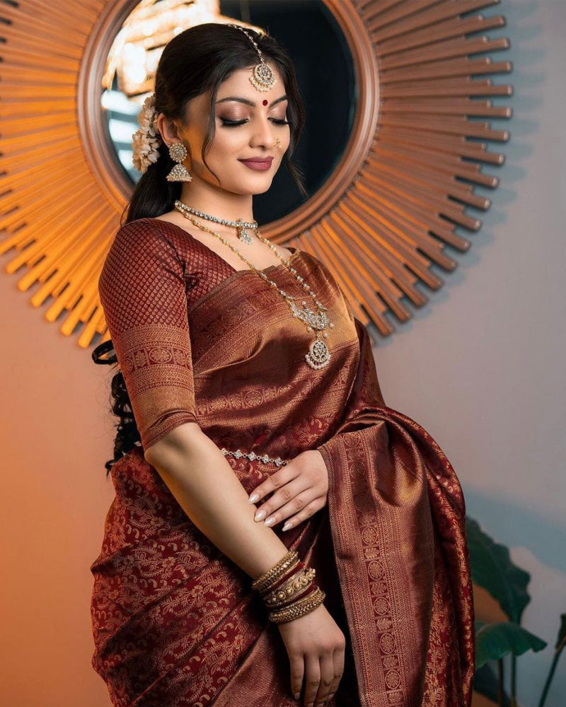 Brown Color Soft Banarasi Lichi Silk Wedding Wear Saree