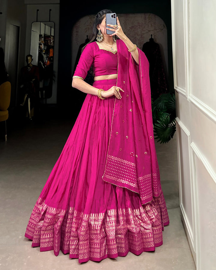 Pink Color Pure Chanderi Plain Navratri Lehenga Choli