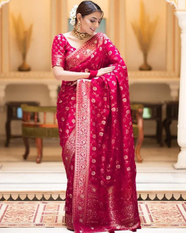 Rani Pink Color Banarasi Jacquard With Zari Work Saree