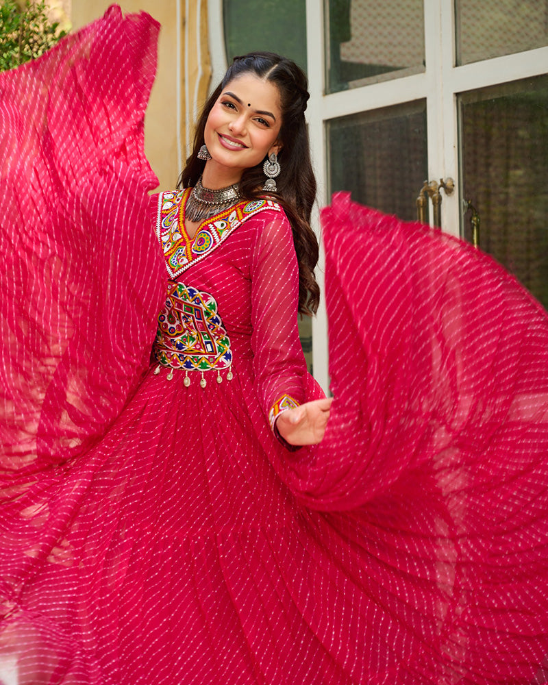 Vibrant Pink Kutchi Work Laheriya Printed Anarkali Gown