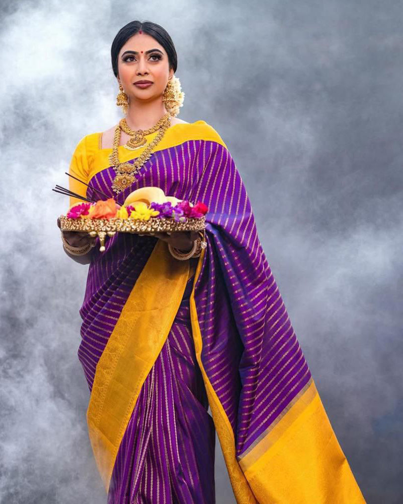 Wine And Yellow Colour Banarasi Soft Silk Saree