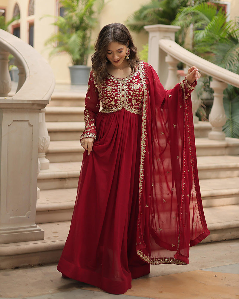 Maroon  Color Faux Blooming Multi Embroidered Work Gown